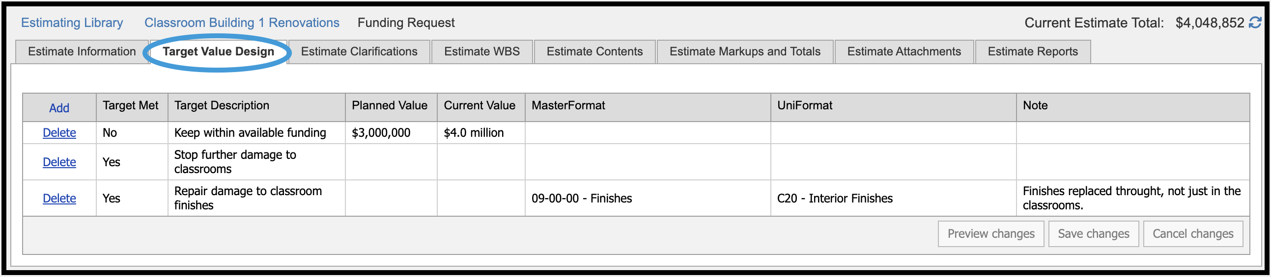 Target Value Design tab highlighted