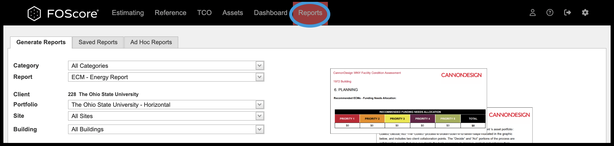 Reports module highlighted on navigation bar