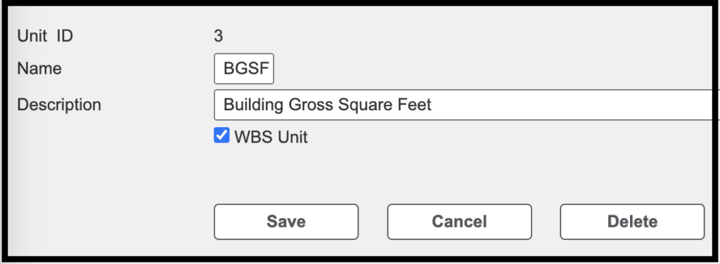 Unit of Measure edit screen
