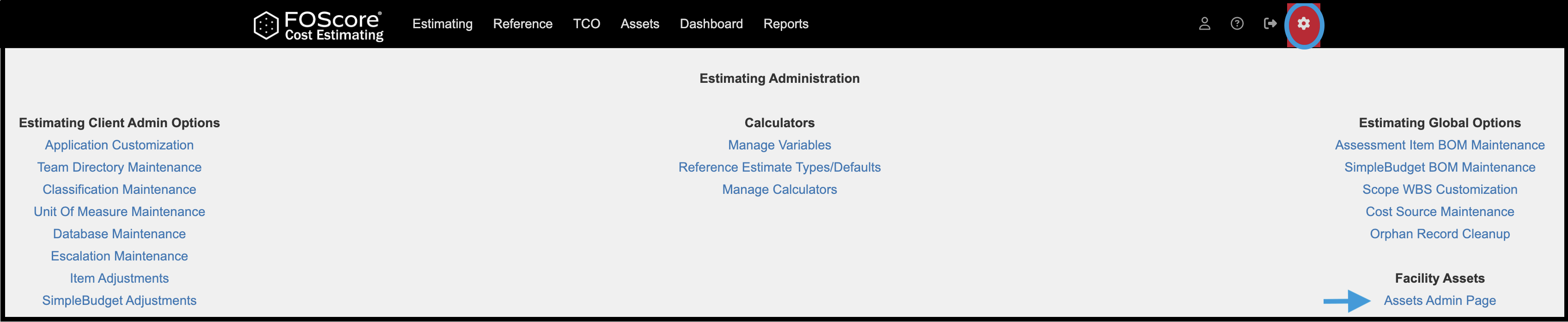 Estimating Admin main page
