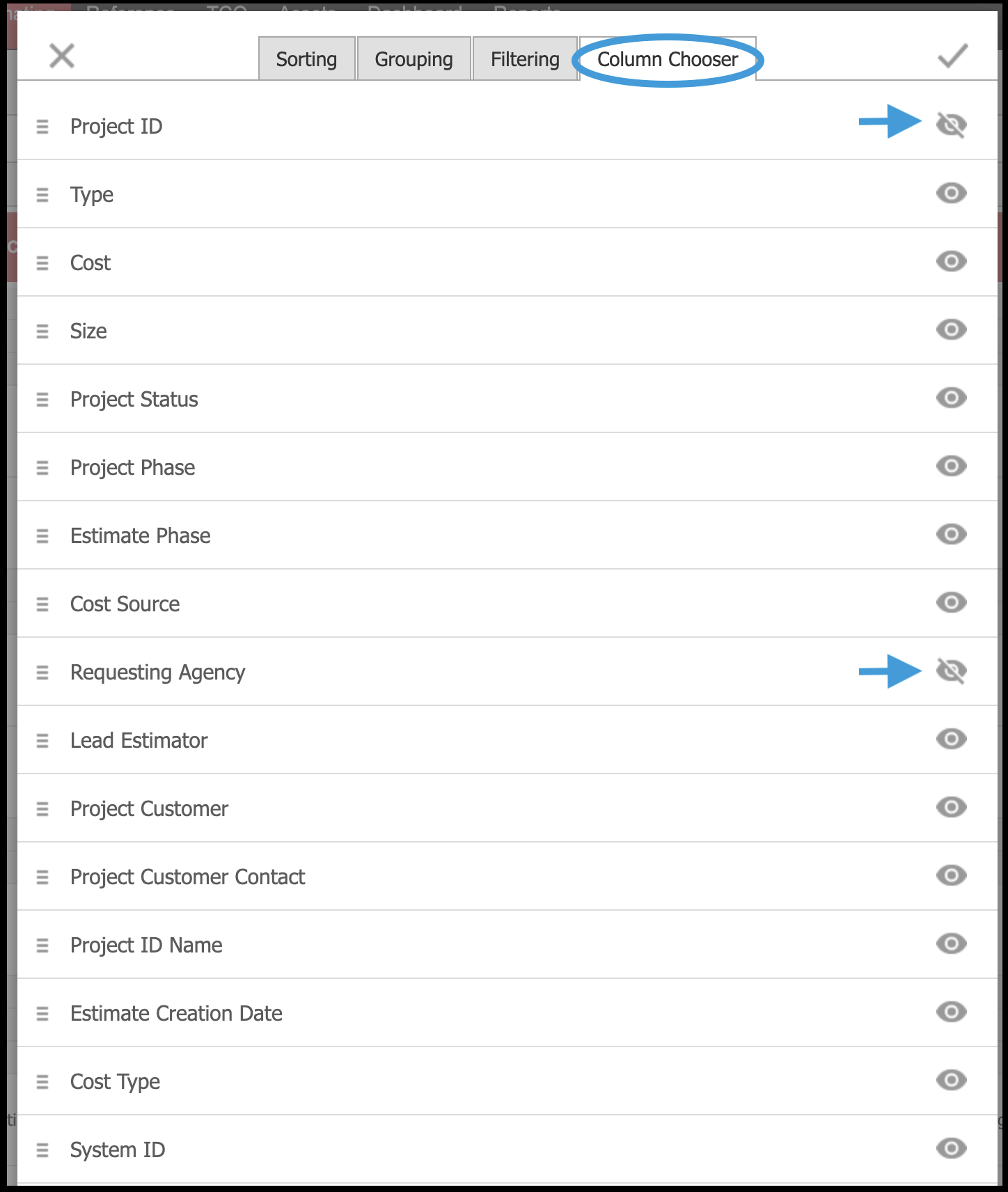 Column Chooser tab of Customize Layout feature