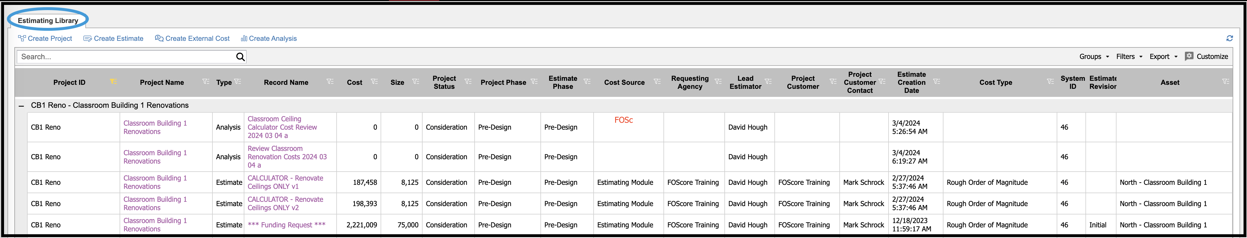 Estimating Library tab and grid