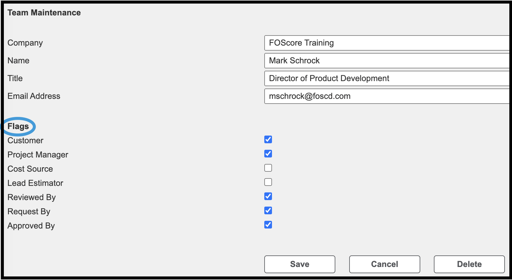 Team Maintenance Flags in Estimating Admin