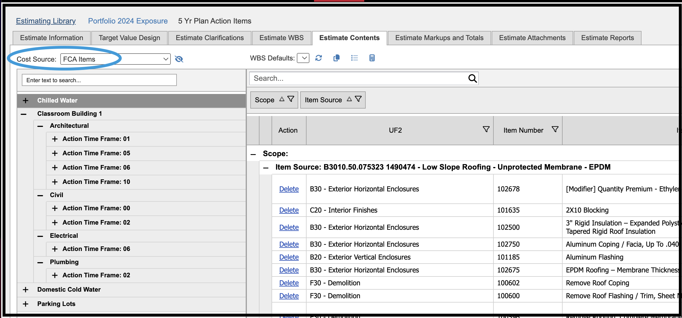 Estimate Contents using FCA Items as the Cost Source