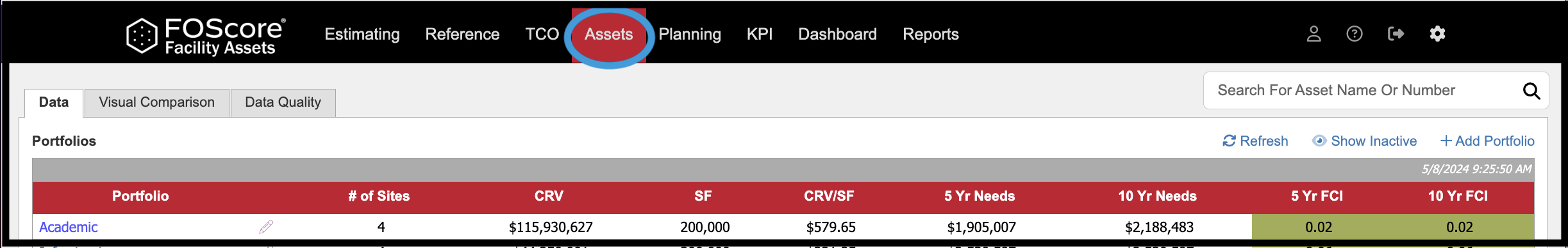 Assets module on navigation bar