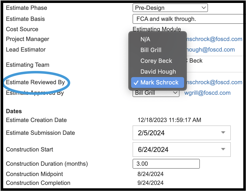 Sample of Team Maintenance Flag being used in Estimate Information screen
