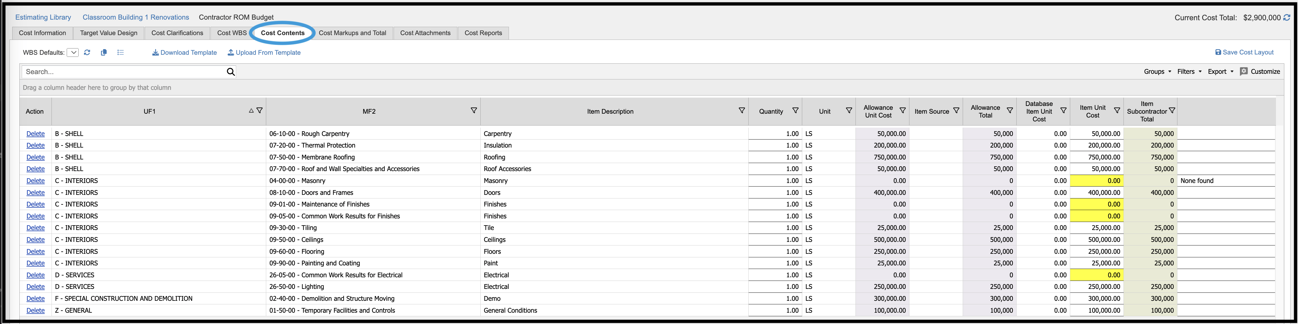 Cost Contents tab showing external costs with customized layout