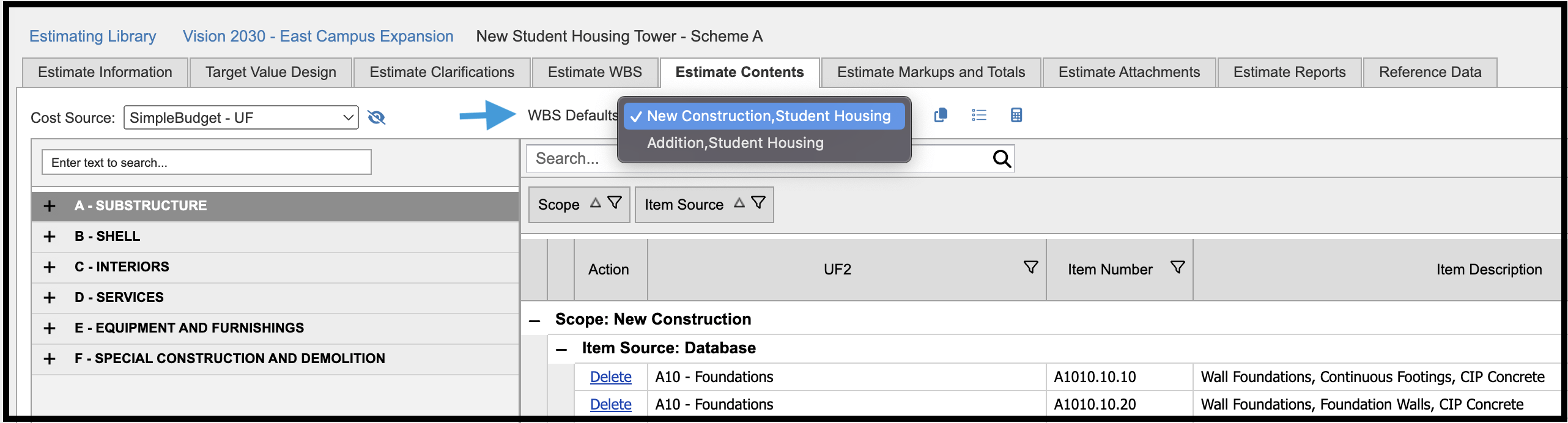 WBS Defaults dropdown menu in Estimate Contents 