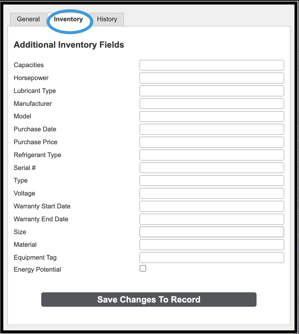 Inventory tab for entering additional inventory fields