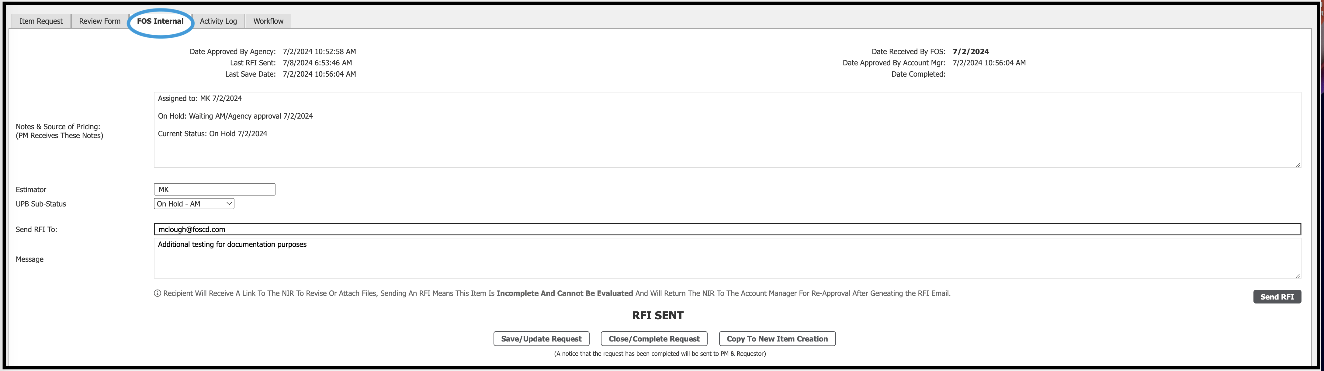 FOS Internal tab for NIR management