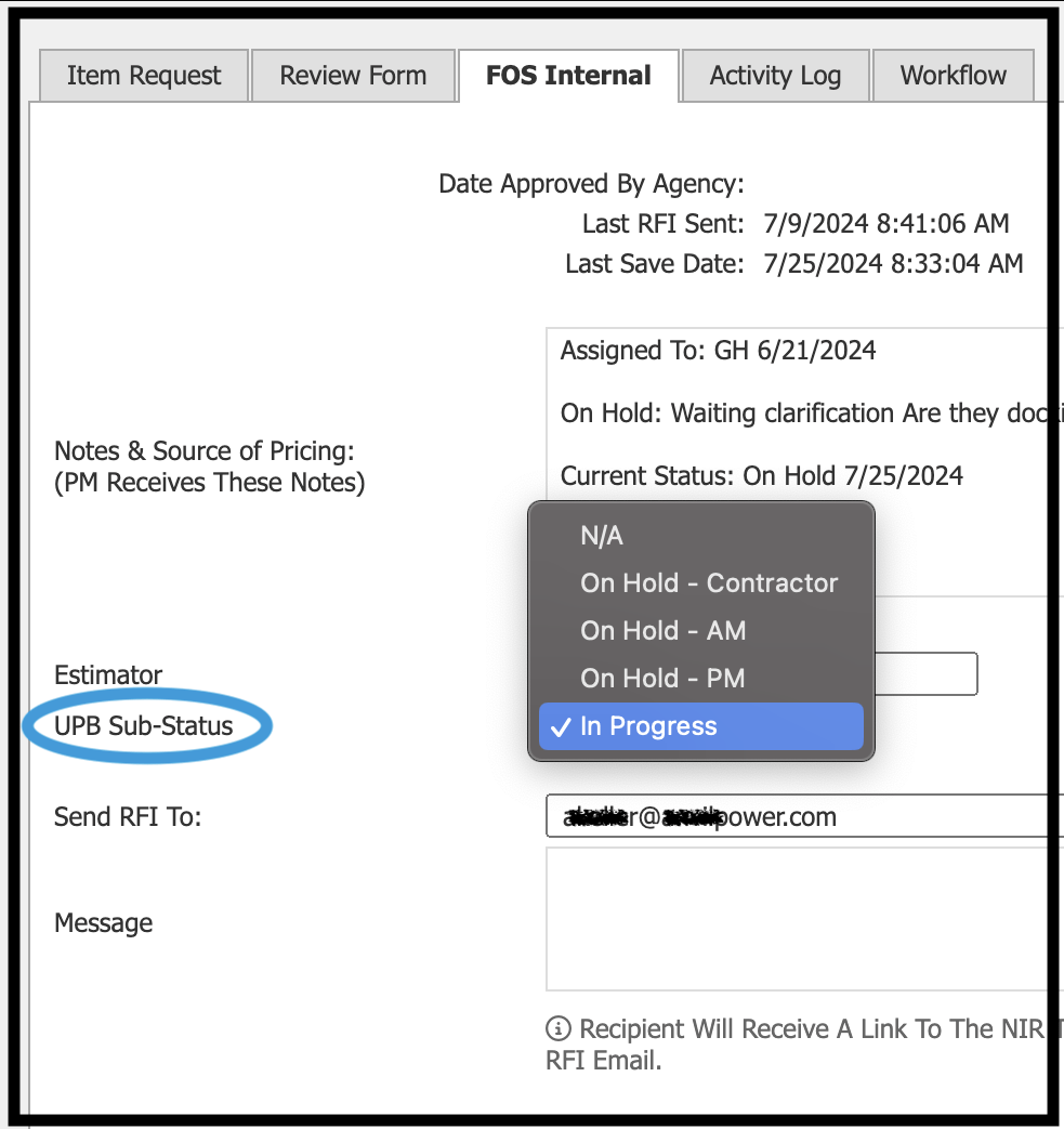 FOS Internal Tab showing UPB Sub-Status dropdown menu 