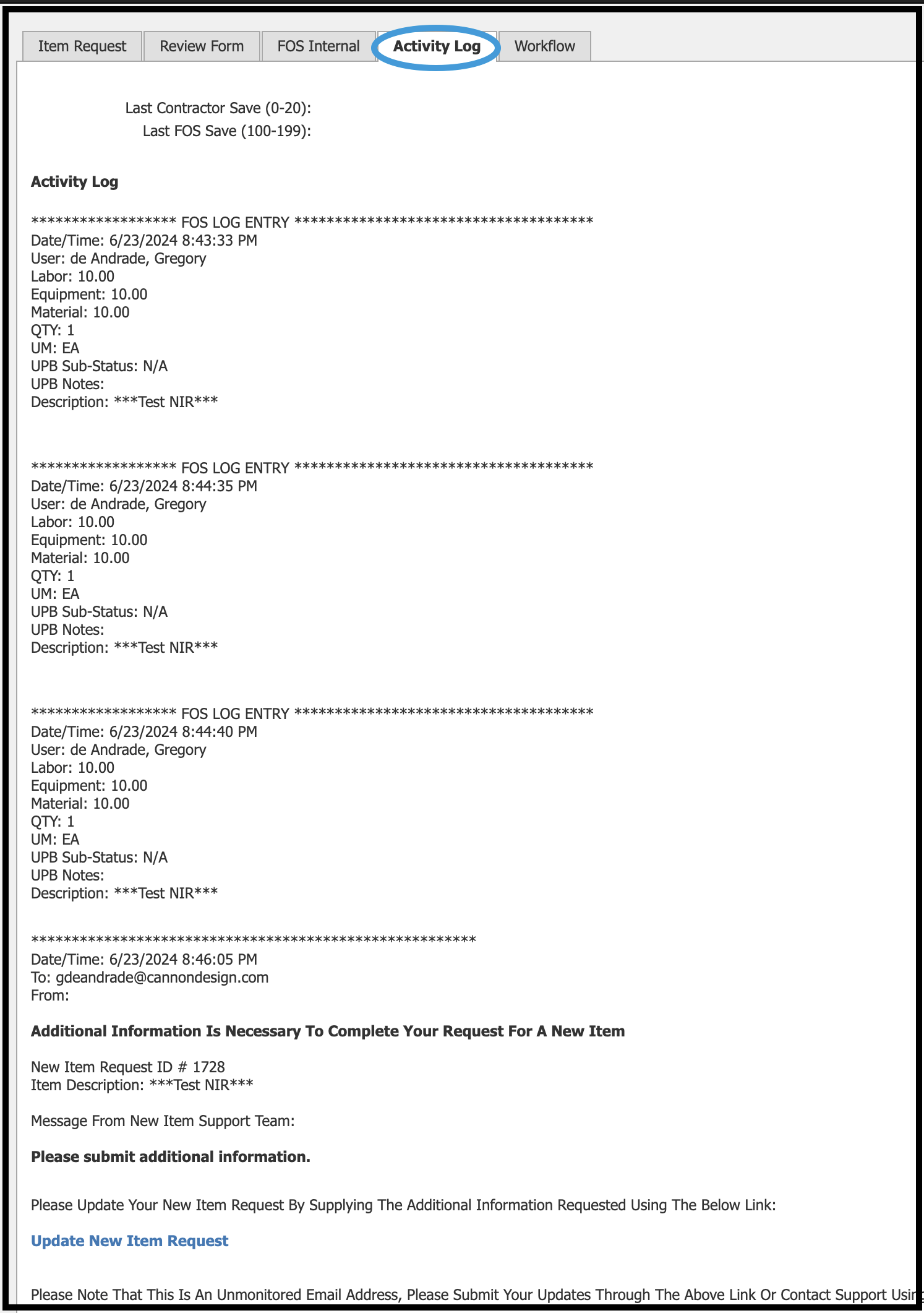 NIR Activity Log with sample details