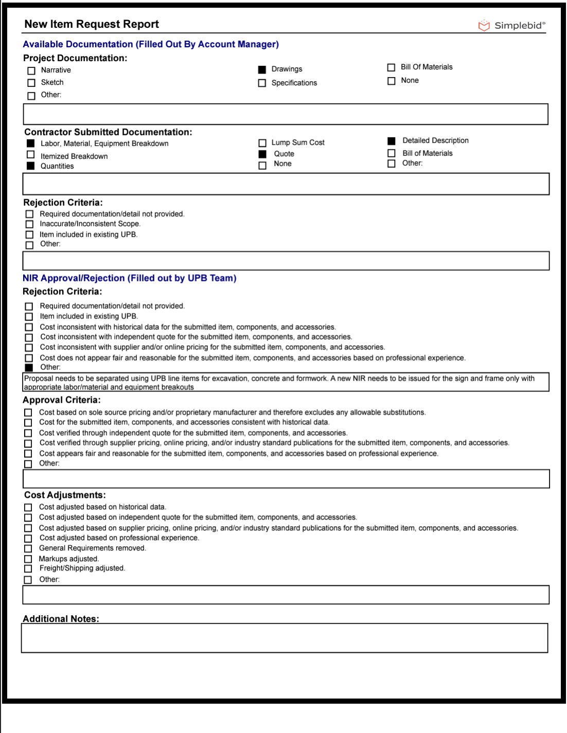 Second page New Item Request Report sample