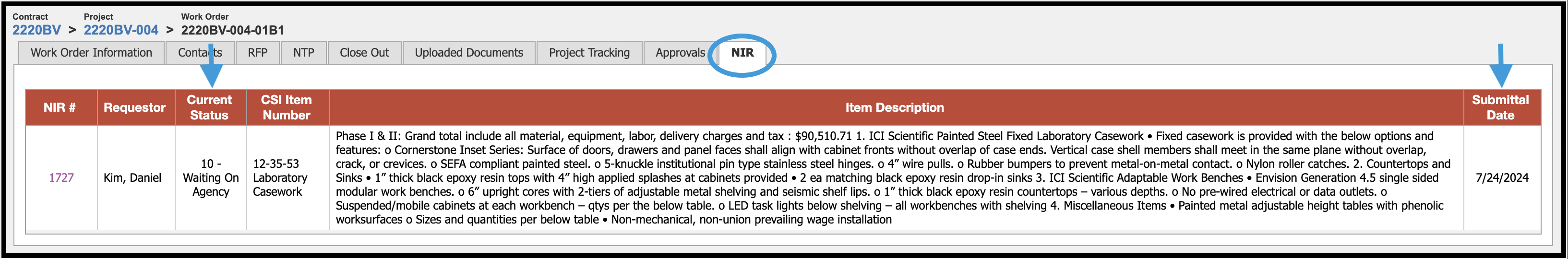 NIR status as shown in the Work Order area.