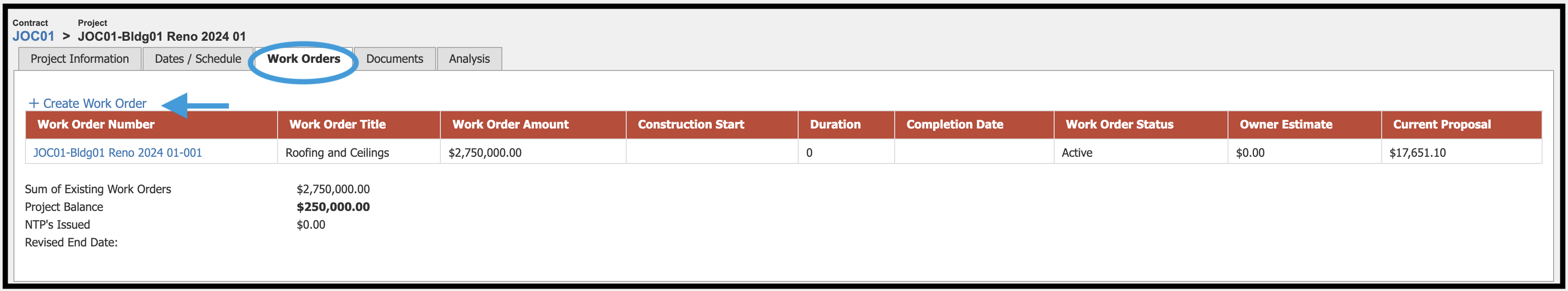 Work Orders tab in the Projects module. Create Work Order link highlighted.