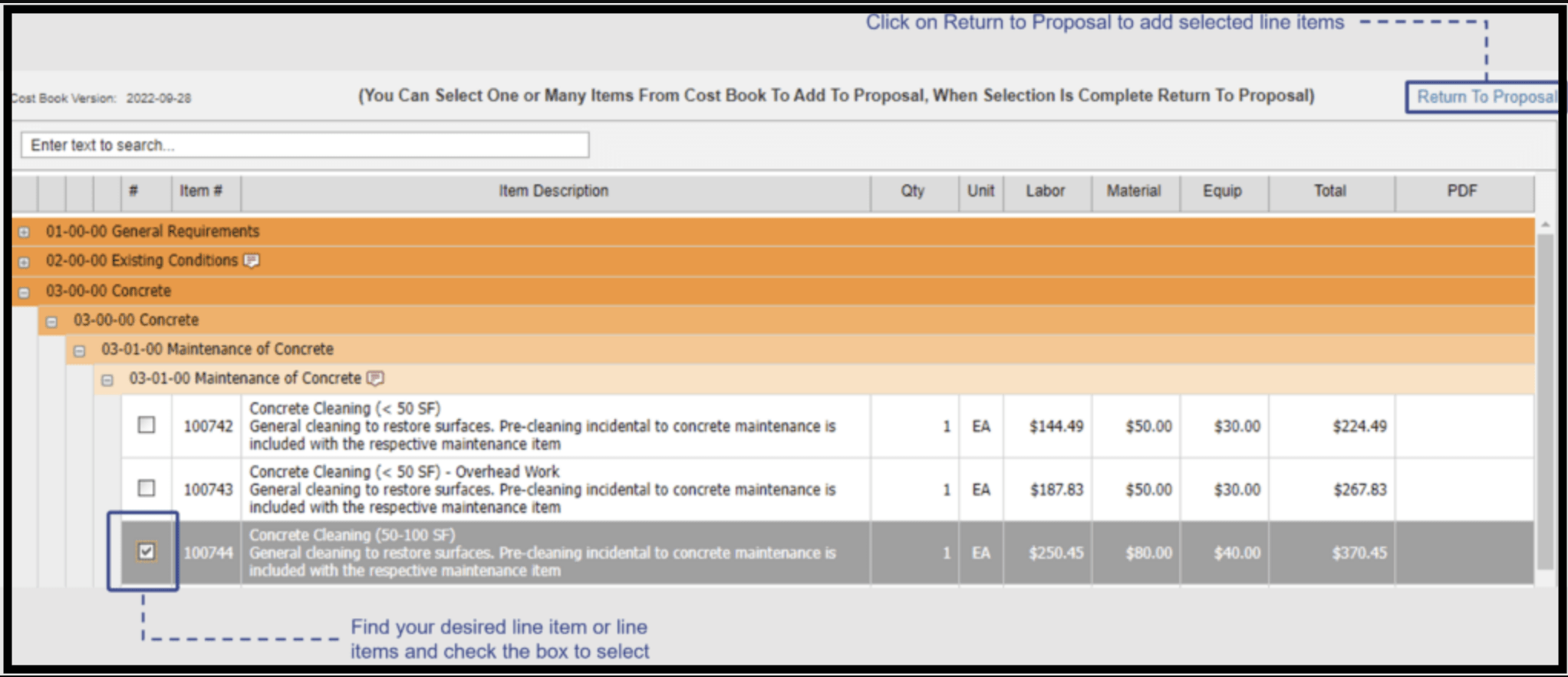 Select line items to add to a proposal