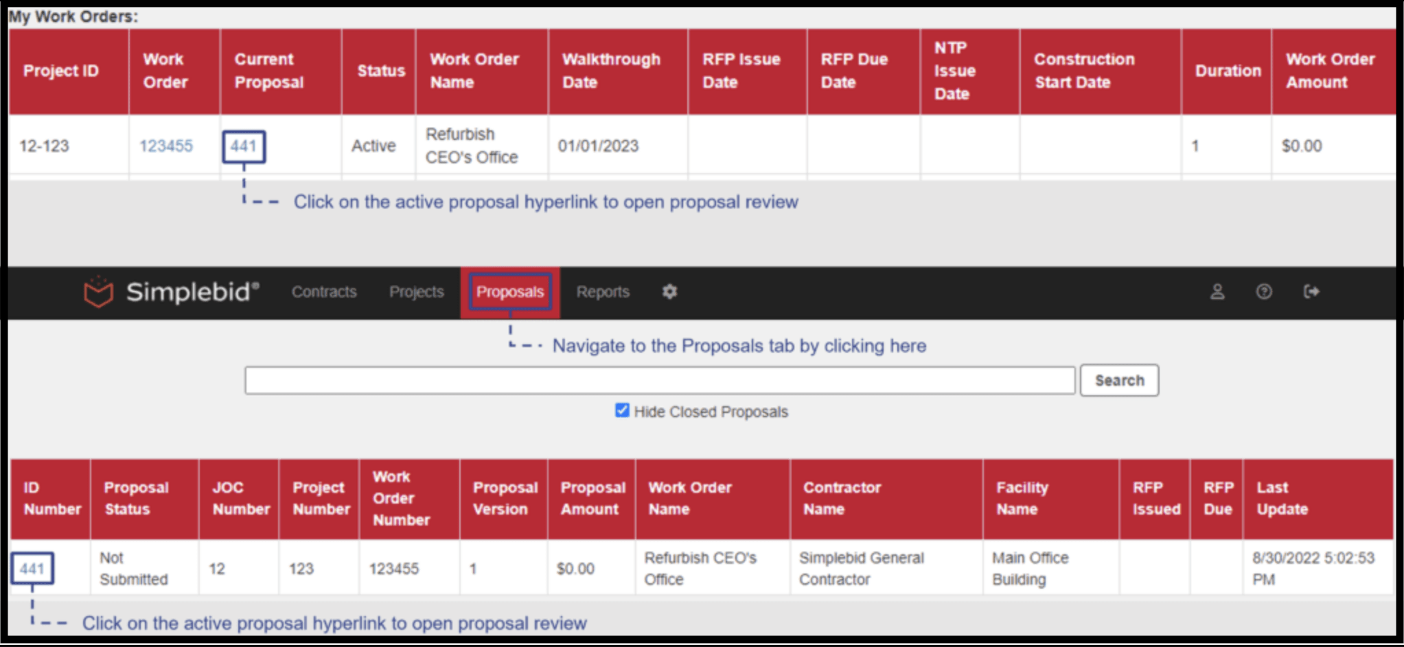 navigating to a proposal