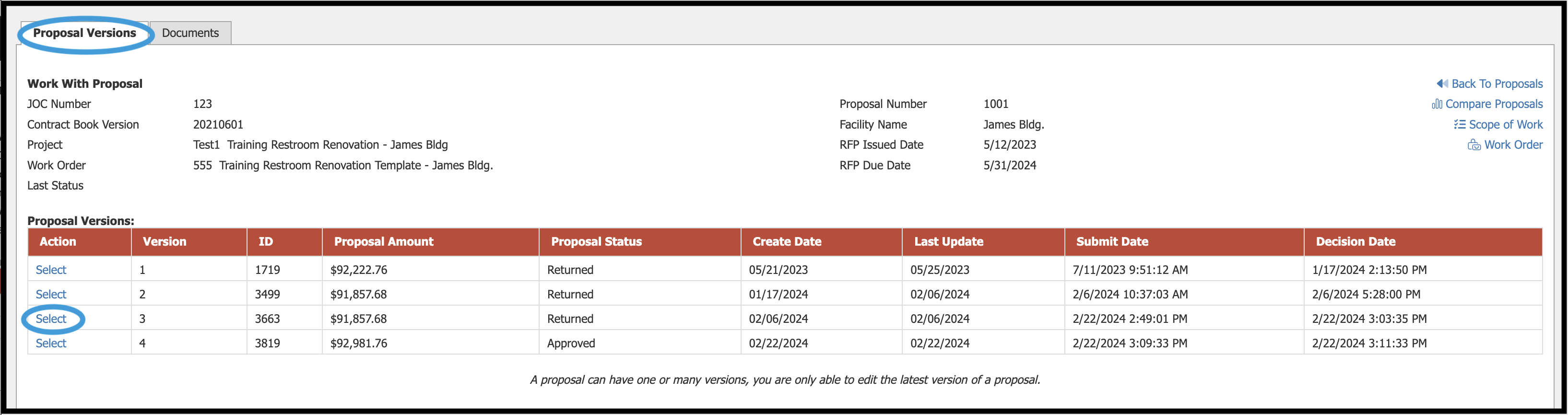 Proposal Versions tab