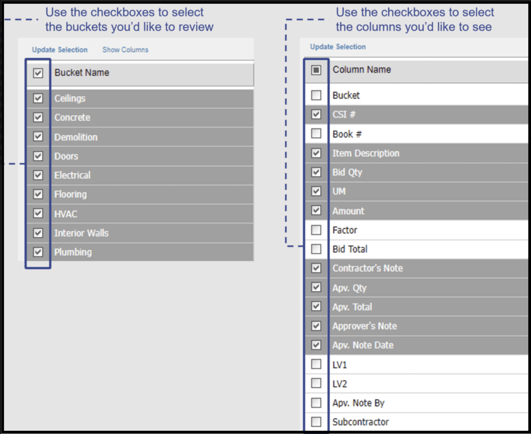 show buckets and show columns checkboxes