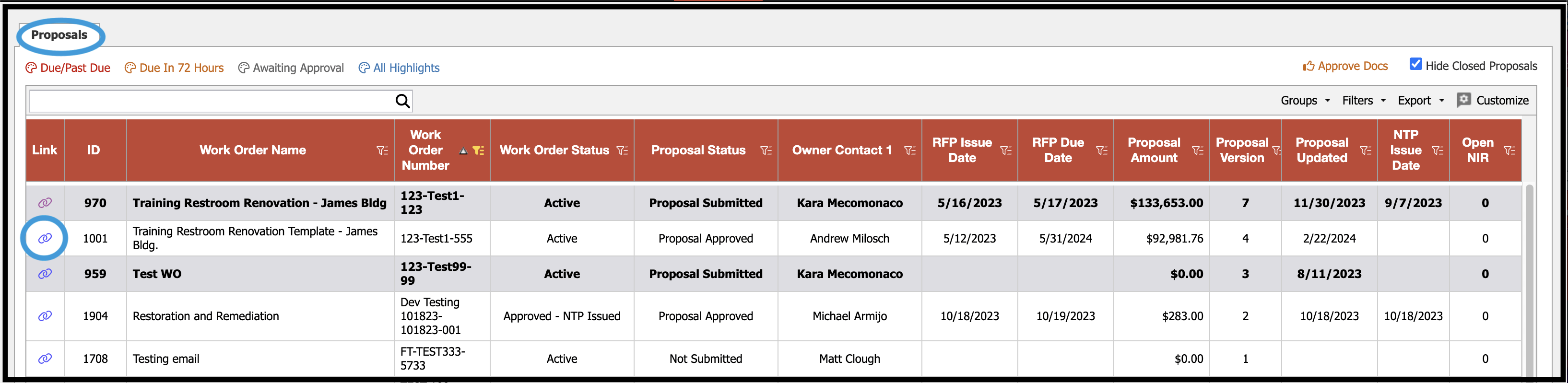 Link from Proposals to Work Orders to create an NIR