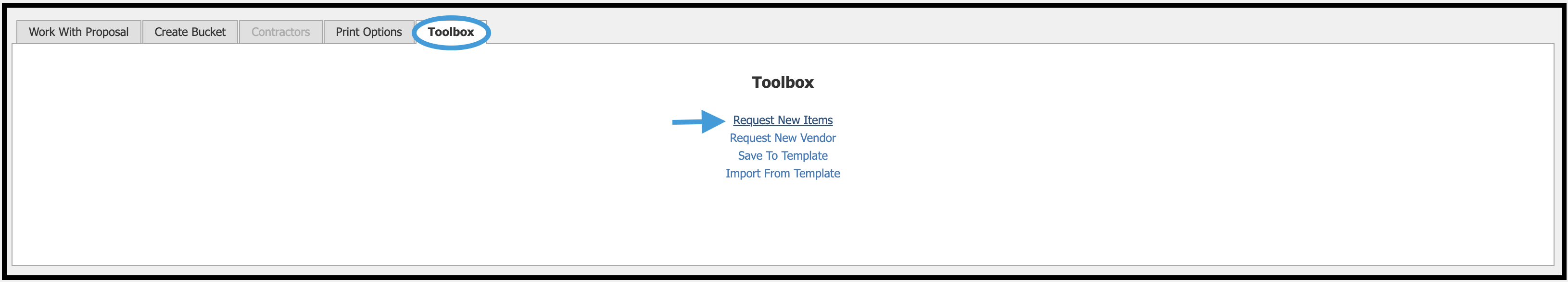 Toolbox menu with New Item Request link highlighted