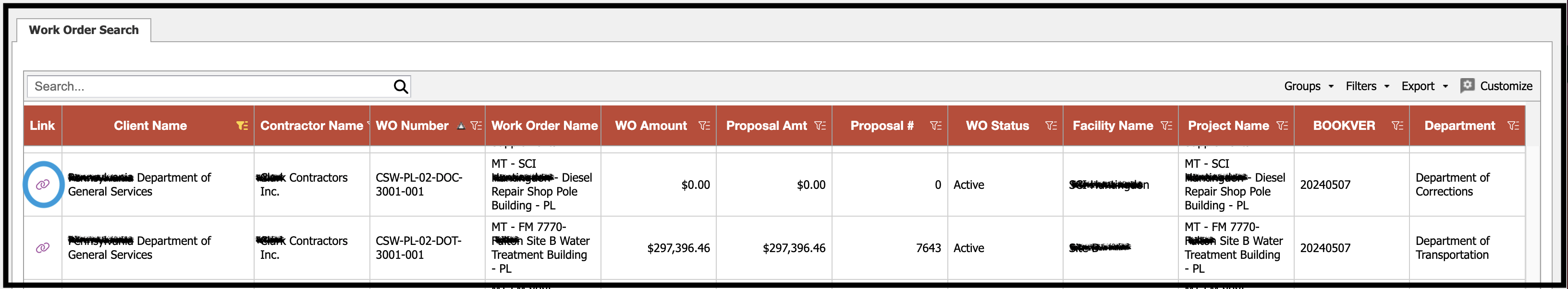 Work order grid showing link to additional work order details