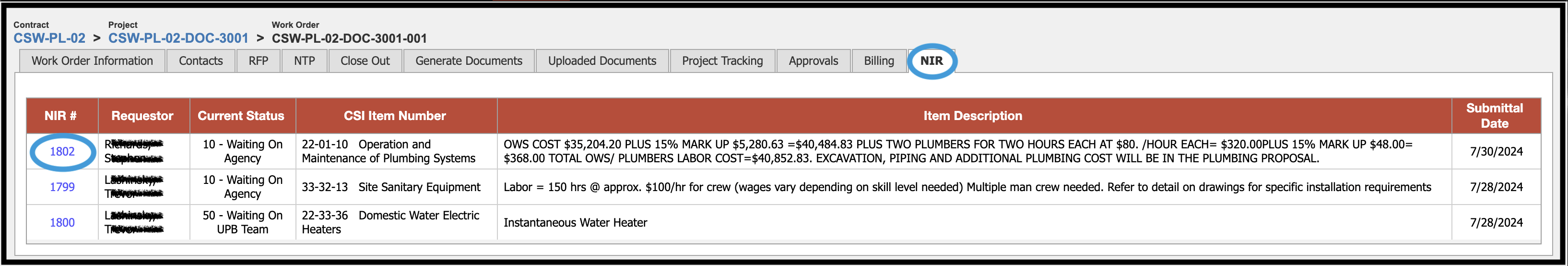 NIR grid showing all item requests associated with a work order