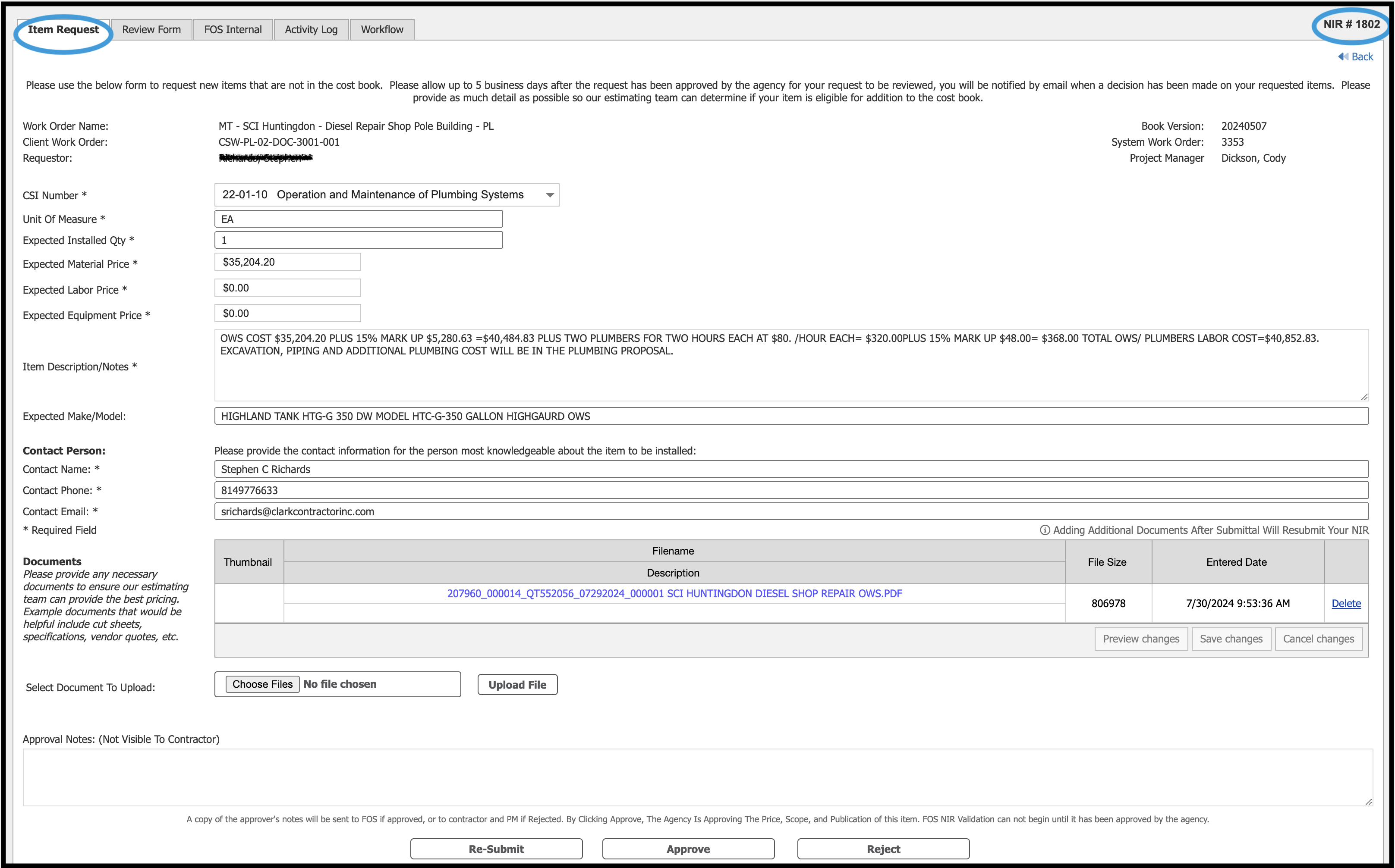 Item Request tab with sample details