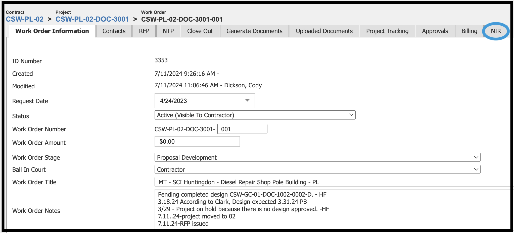 NIR tab located in the work order section