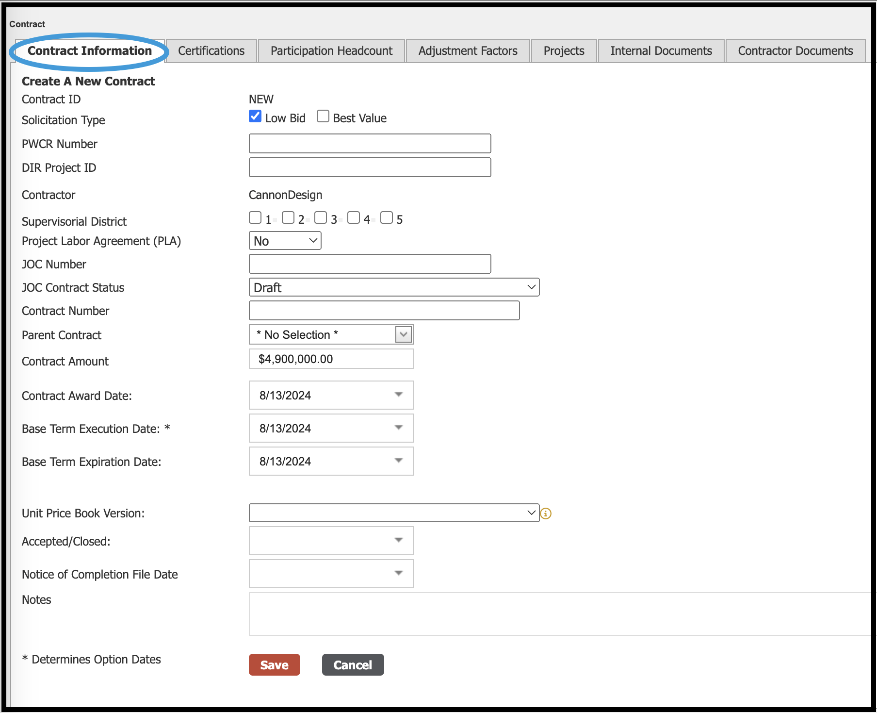 Contract Information form 
