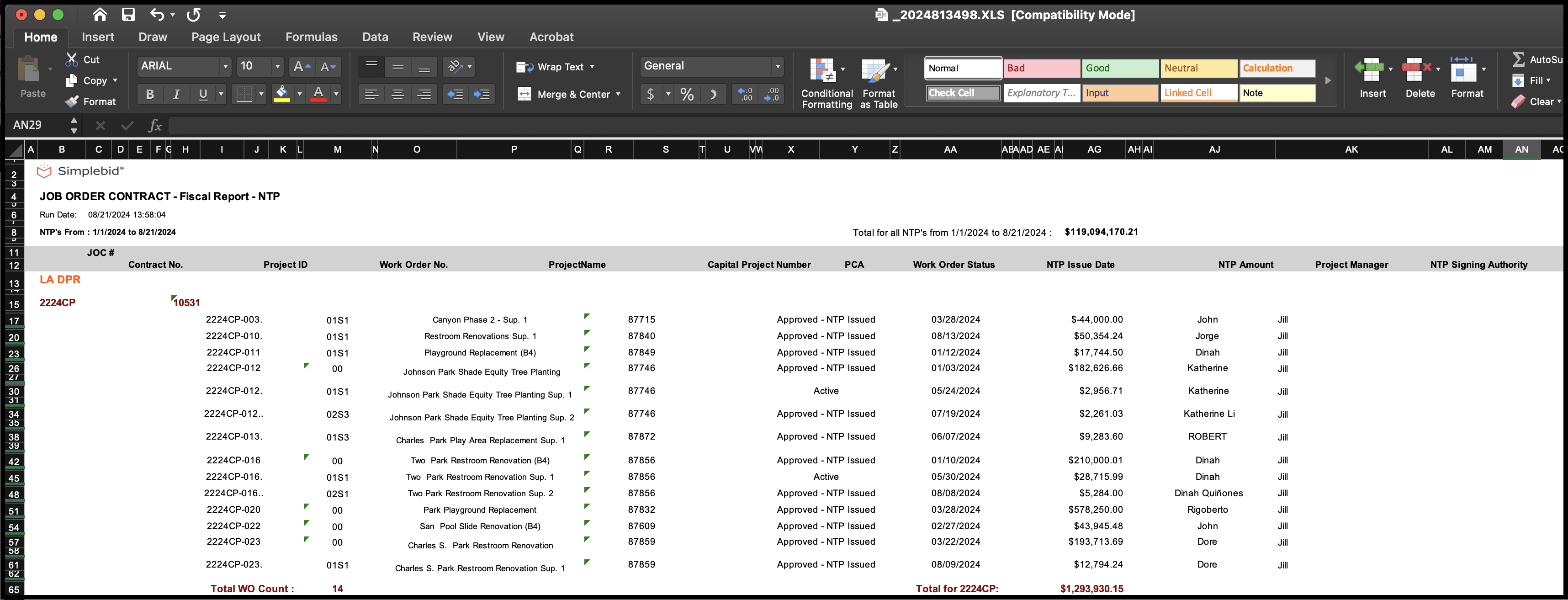 Sample report in Excel