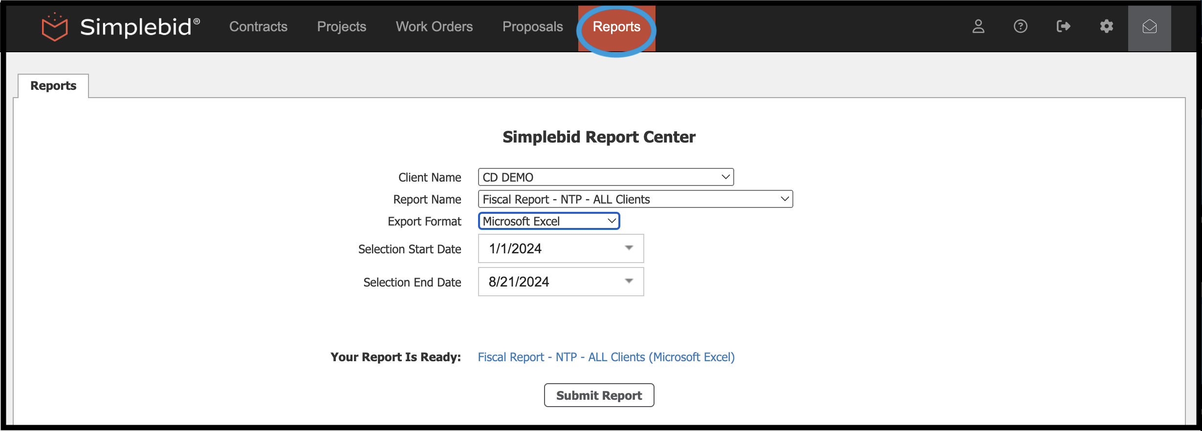 Reports module highlighted on navigation bar